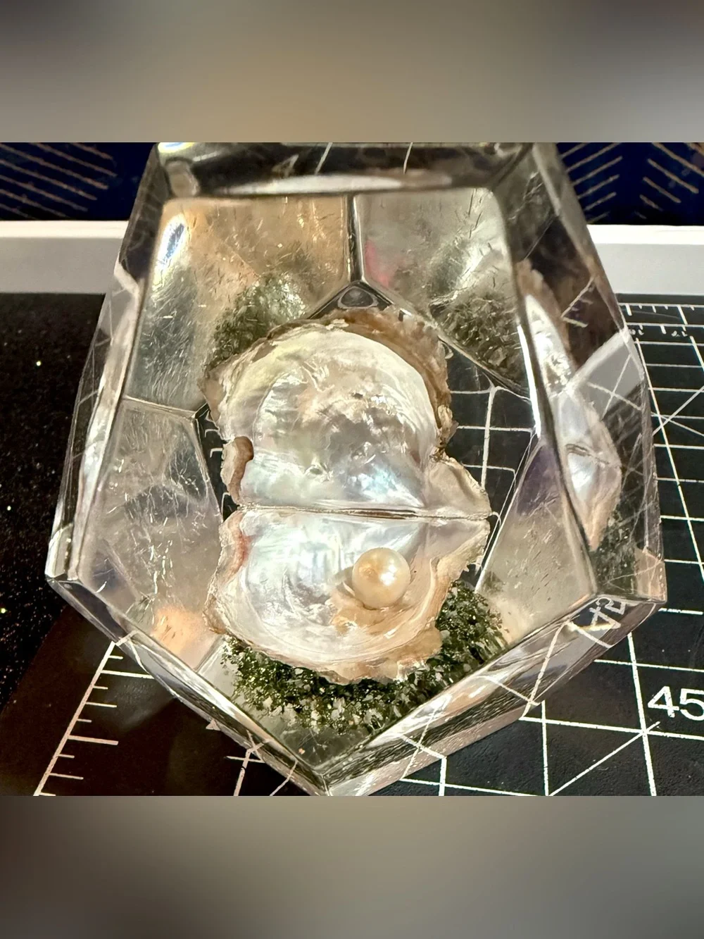 Vintage Lucite Paperweight With Pearl in Oyster Shell